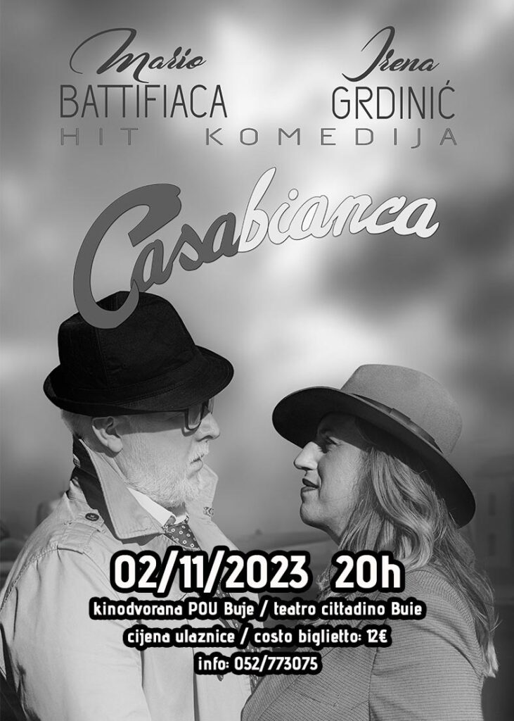 Pogledajte predstavu Casabianca u Bujama! Grdinić i Battifiaca donose toplu komediju o bračnom paru koji prolazi kroz ljubav, promjene i humor od 60-ih do danas.